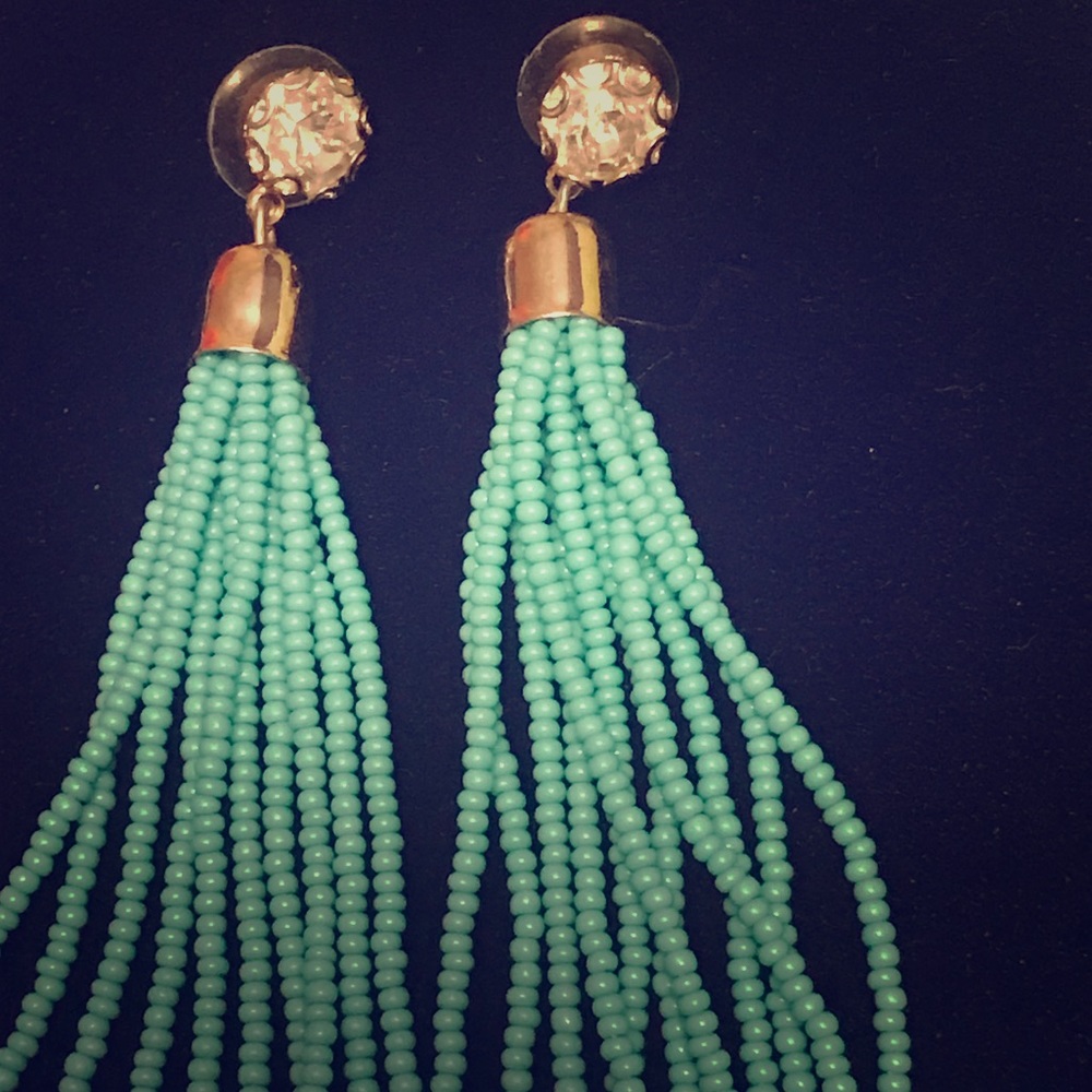 Turquoise beaded tassel earrings.